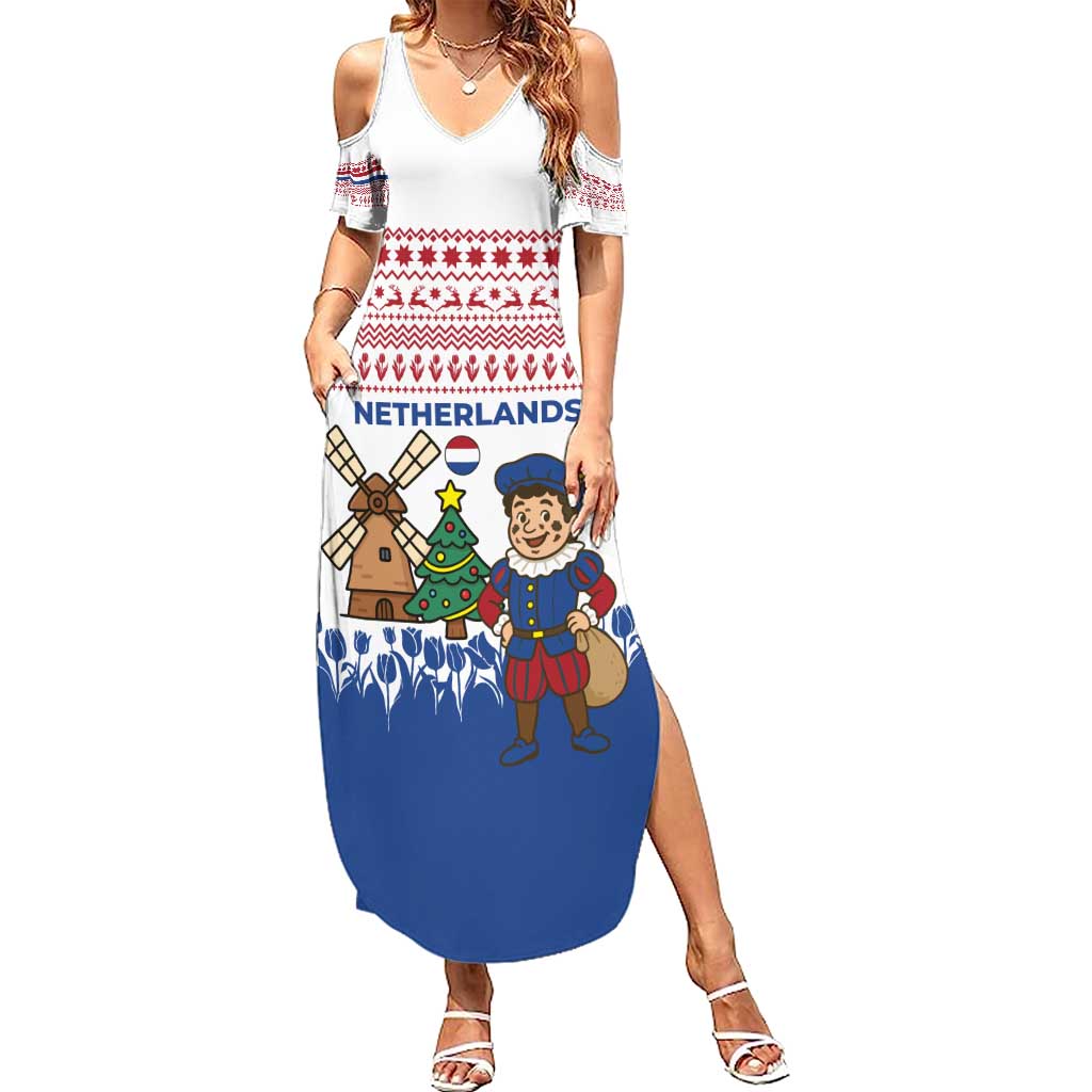 Netherlands Christmas Summer Maxi Dress with Christmas Tree Windmill Piet Character and Tulip Pattern - Wonder Print Shop