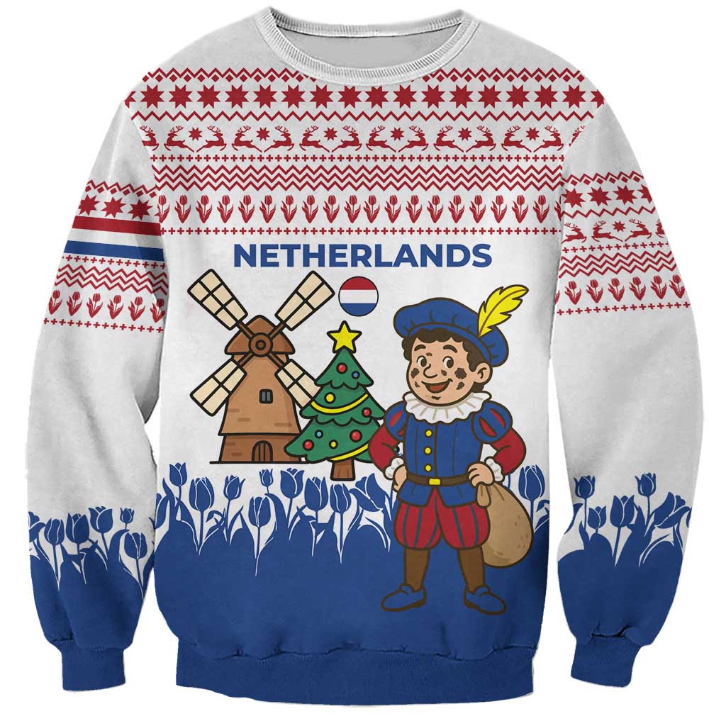 Netherlands Christmas Sweatshirt with Christmas Tree Windmill Piet Character and Tulip Pattern - Wonder Print Shop