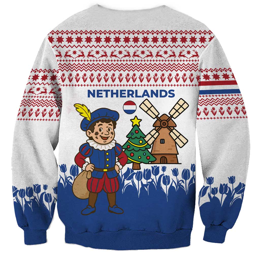 Netherlands Christmas Sweatshirt with Christmas Tree Windmill Piet Character and Tulip Pattern - Wonder Print Shop