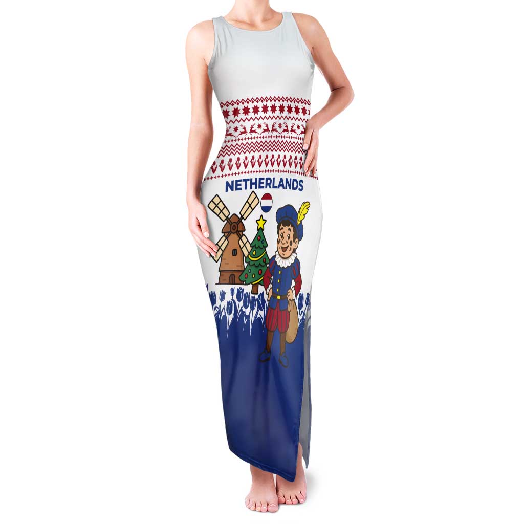 Netherlands Christmas Tank Maxi Dress with Christmas Tree Windmill Piet Character and Tulip Pattern - Wonder Print Shop