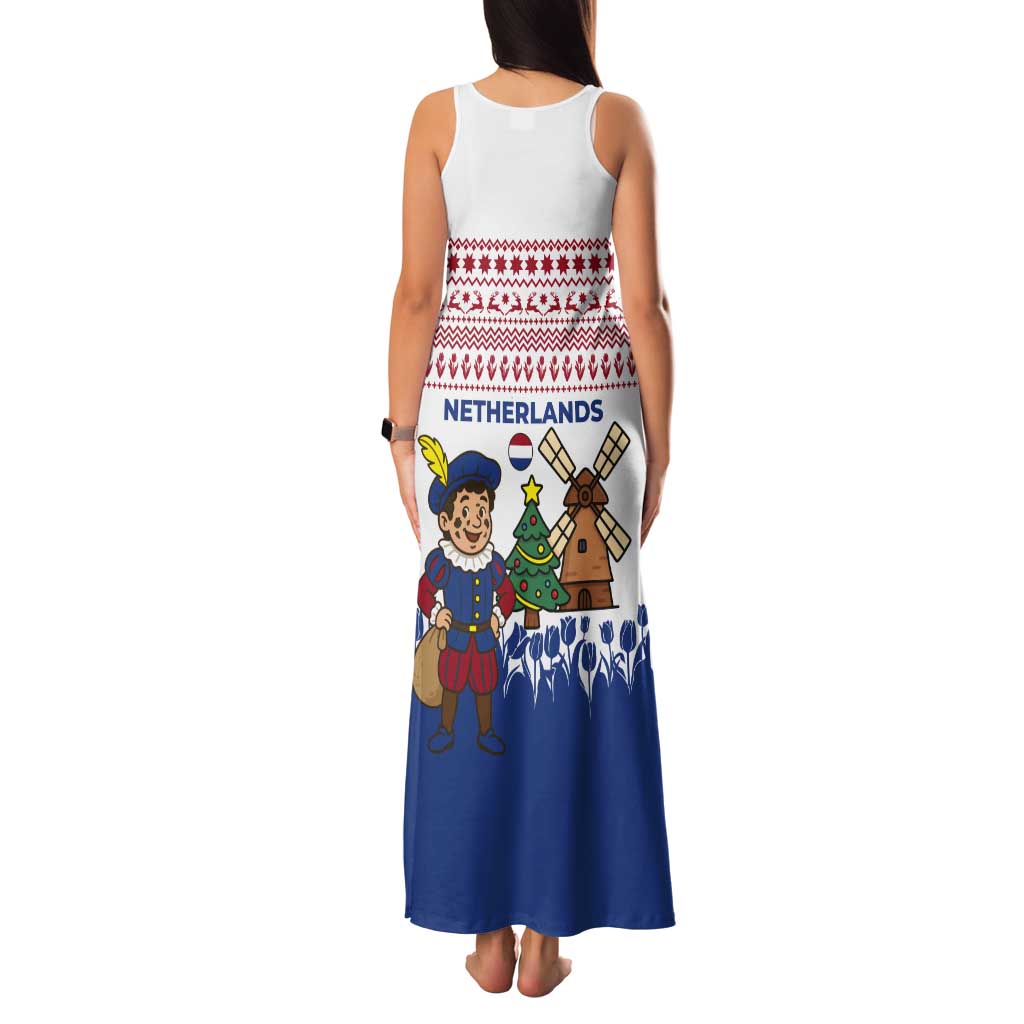 Netherlands Christmas Tank Maxi Dress with Christmas Tree Windmill Piet Character and Tulip Pattern - Wonder Print Shop
