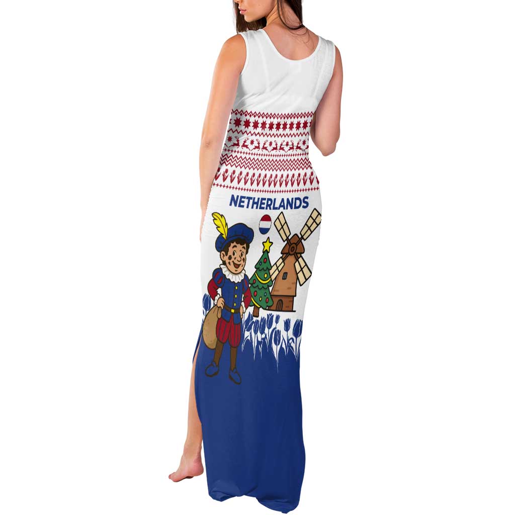 Netherlands Christmas Tank Maxi Dress with Christmas Tree Windmill Piet Character and Tulip Pattern - Wonder Print Shop