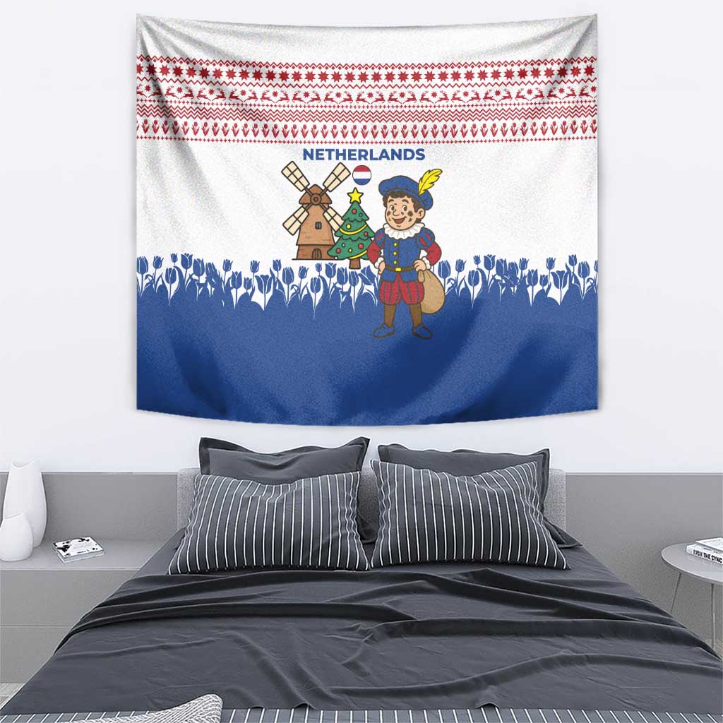 Netherlands Christmas Tapestry with Christmas Tree Windmill Piet Character and Tulip Pattern - Wonder Print Shop