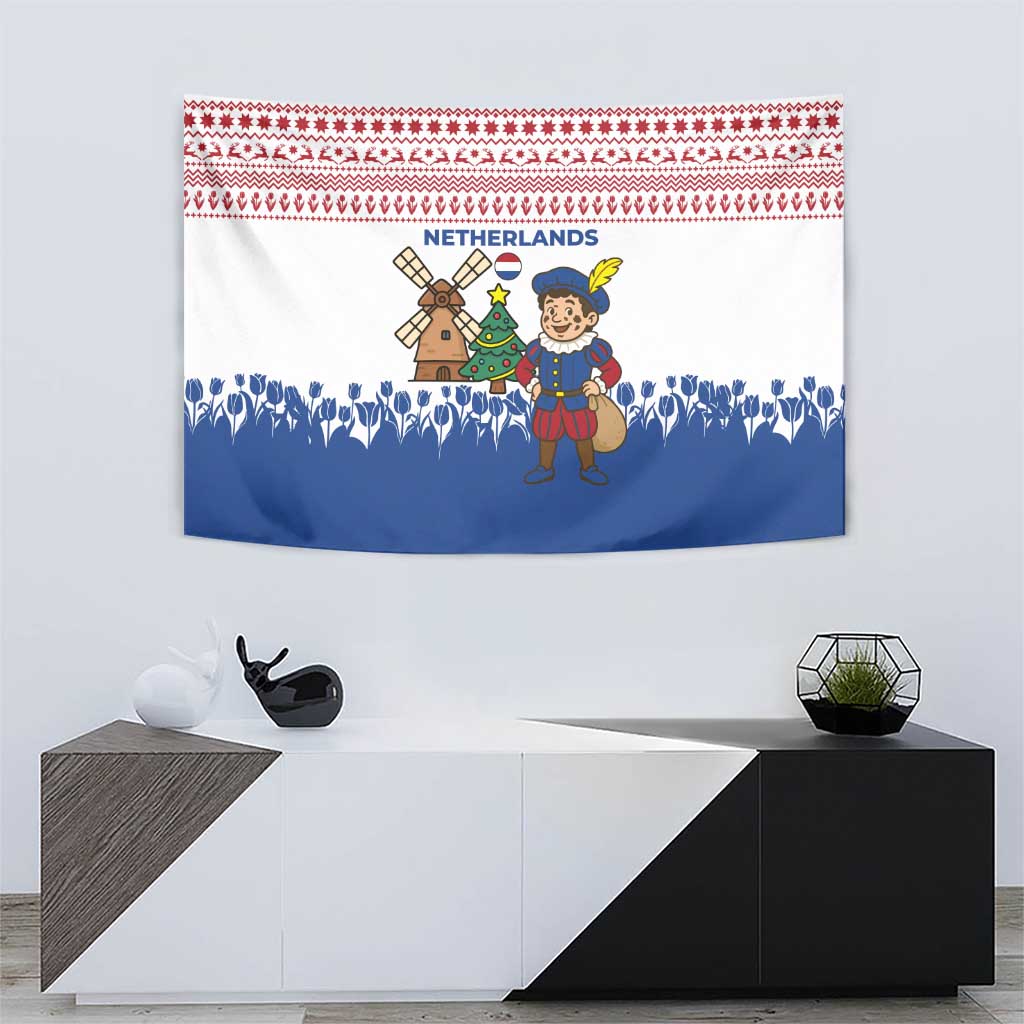 Netherlands Christmas Tapestry with Christmas Tree Windmill Piet Character and Tulip Pattern - Wonder Print Shop