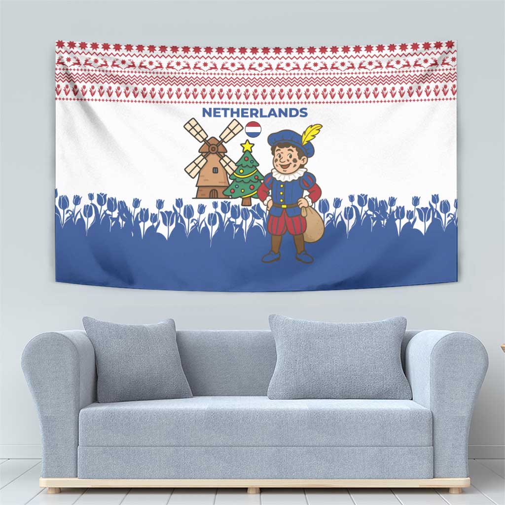 Netherlands Christmas Tapestry with Christmas Tree Windmill Piet Character and Tulip Pattern - Wonder Print Shop