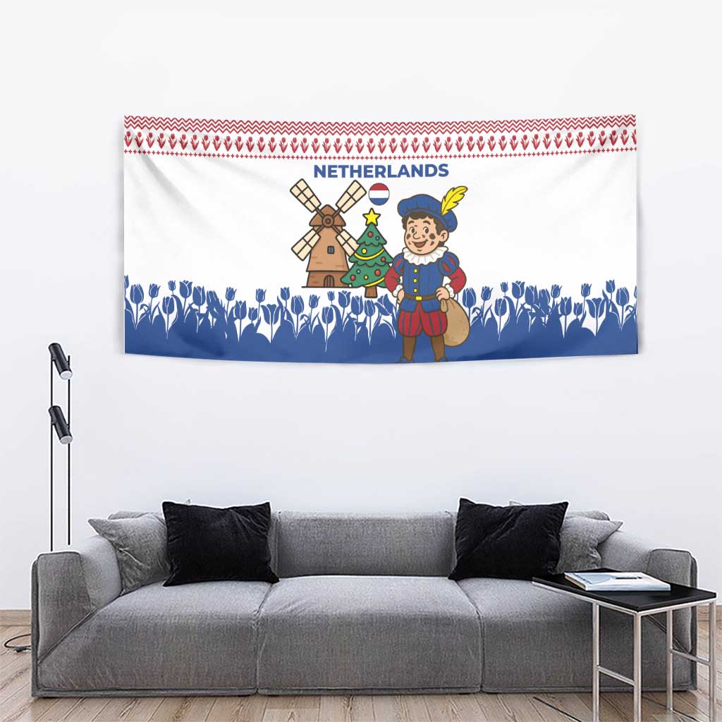 Netherlands Christmas Tapestry with Christmas Tree Windmill Piet Character and Tulip Pattern - Wonder Print Shop