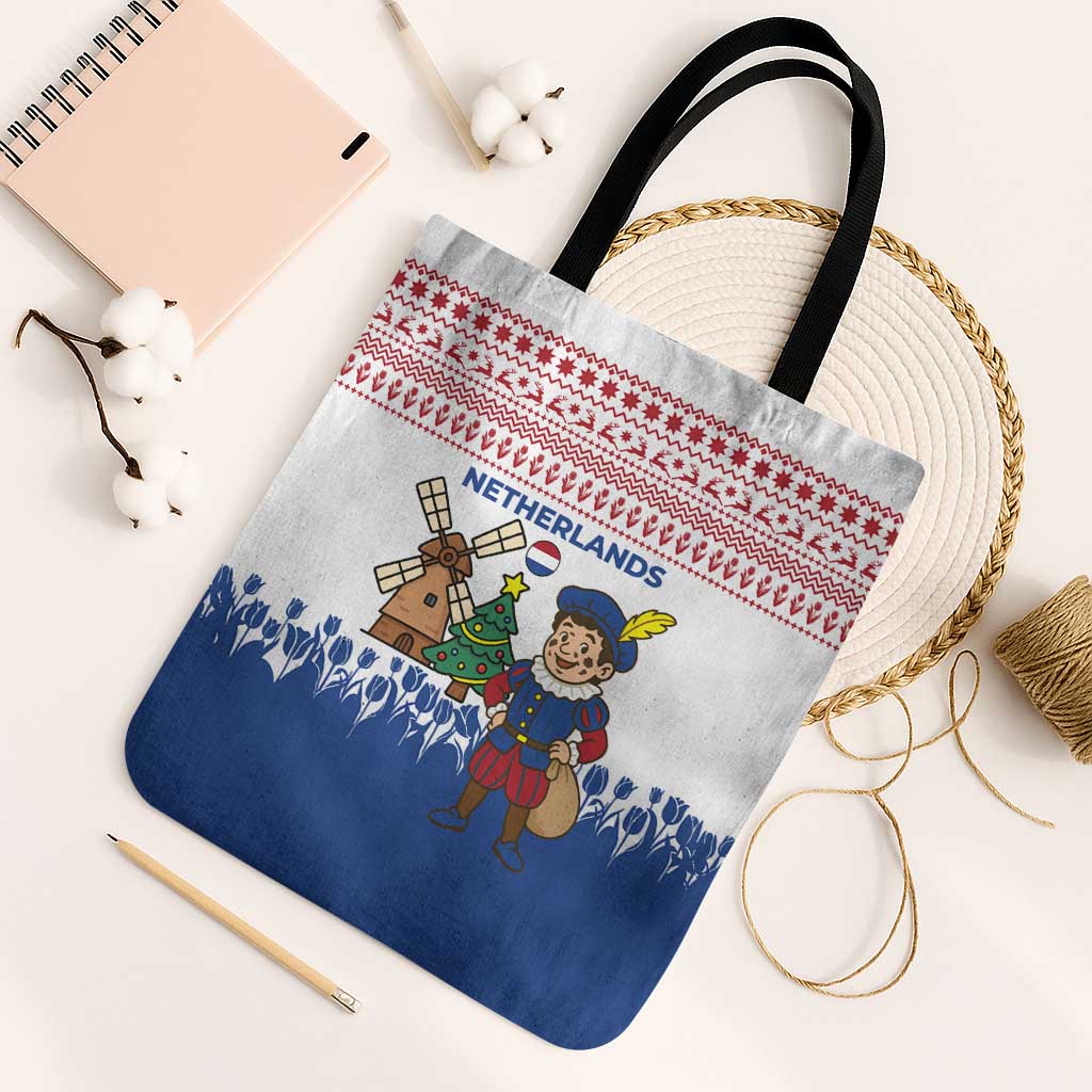 Netherlands Christmas Tote Bag with Christmas Tree Windmill Piet Character and Tulip Pattern - Wonder Print Shop
