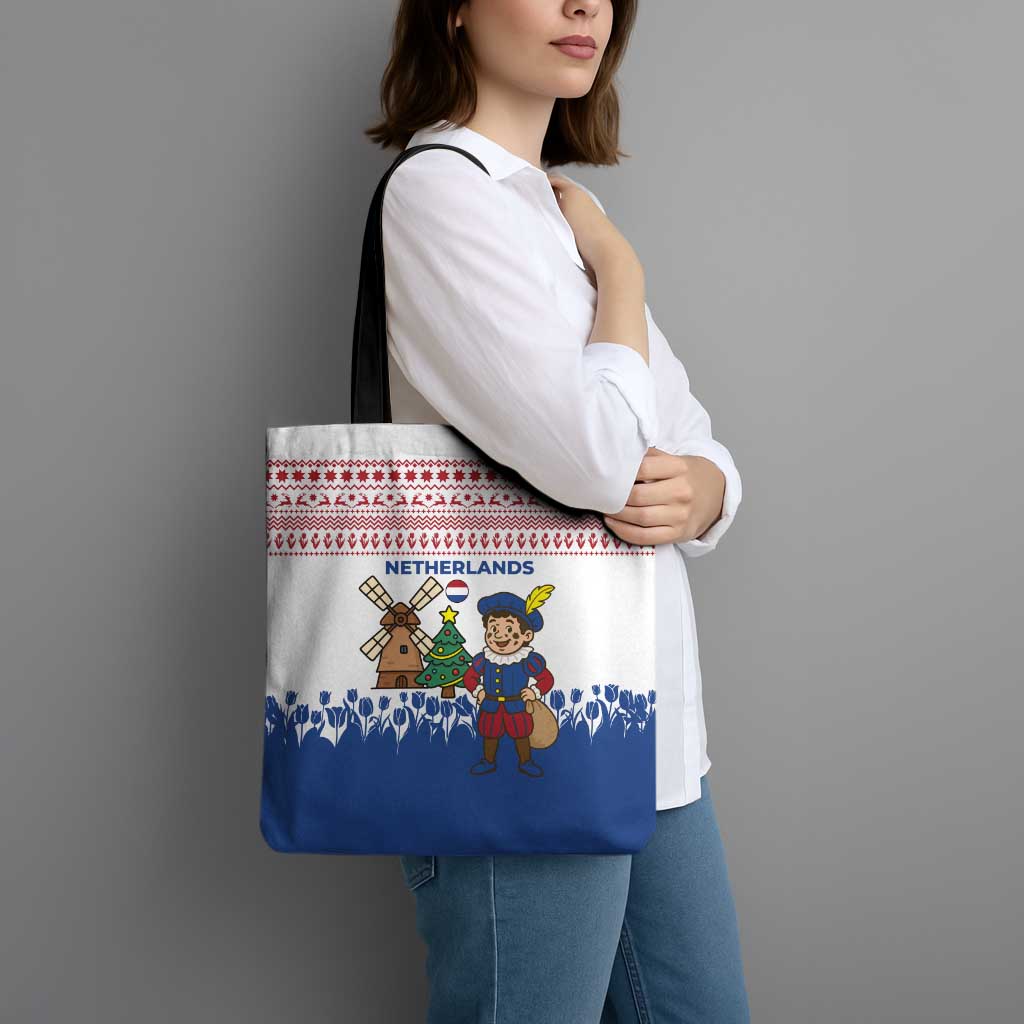 Netherlands Christmas Tote Bag with Christmas Tree Windmill Piet Character and Tulip Pattern - Wonder Print Shop