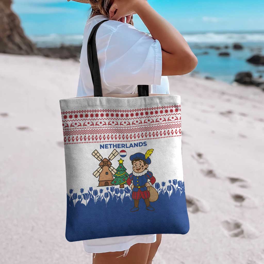 Netherlands Christmas Tote Bag with Christmas Tree Windmill Piet Character and Tulip Pattern - Wonder Print Shop