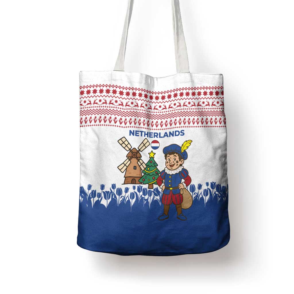 Netherlands Christmas Tote Bag with Christmas Tree Windmill Piet Character and Tulip Pattern - Wonder Print Shop