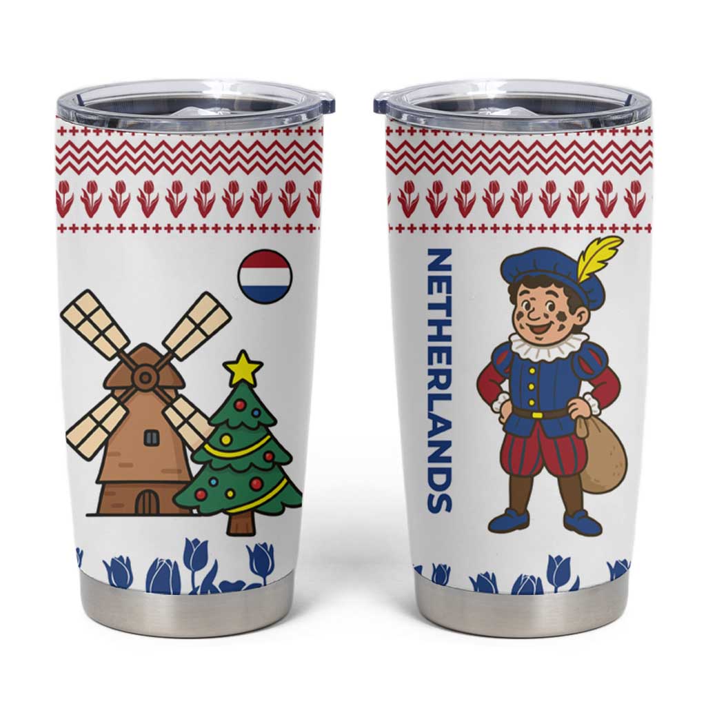 Netherlands Christmas Tumbler Cup with Christmas Tree Windmill Piet Character and Tulip Pattern - Wonder Print Shop