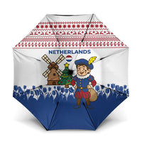 Netherlands Christmas Umbrella with Christmas Tree Windmill Piet Character and Tulip Pattern - Wonder Print Shop