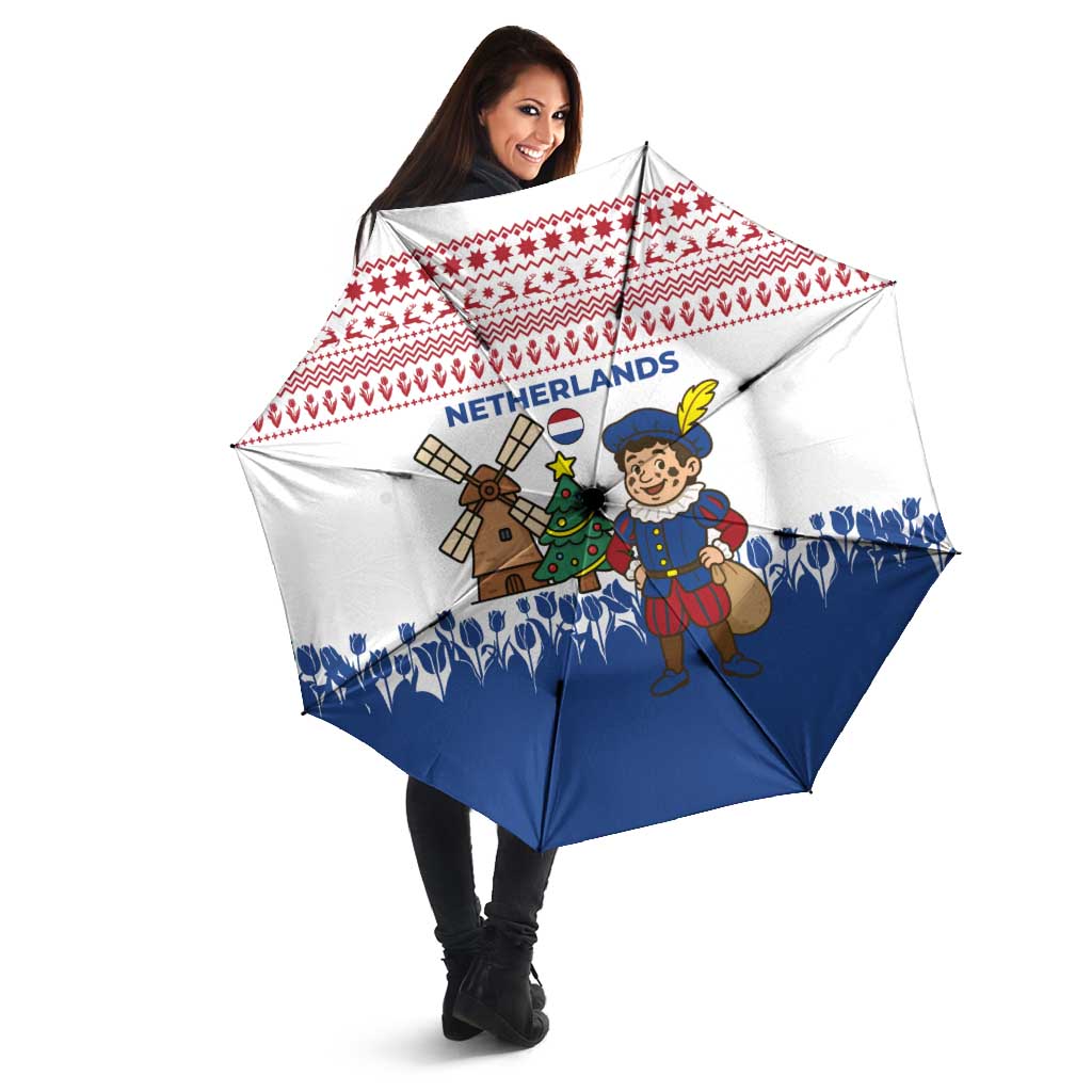 Netherlands Christmas Umbrella with Christmas Tree Windmill Piet Character and Tulip Pattern - Wonder Print Shop