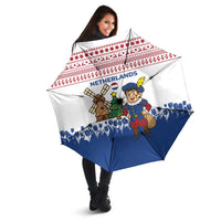 Netherlands Christmas Umbrella with Christmas Tree Windmill Piet Character and Tulip Pattern - Wonder Print Shop