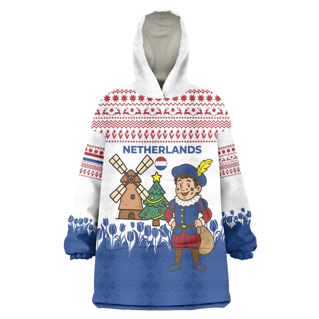 Netherlands Christmas Wearable Blanket Hoodie with Christmas Tree Windmill Piet Character and Tulip Pattern - Wonder Print Shop