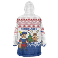 Netherlands Christmas Wearable Blanket Hoodie with Christmas Tree Windmill Piet Character and Tulip Pattern - Wonder Print Shop