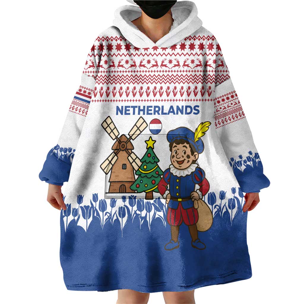 Netherlands Christmas Wearable Blanket Hoodie with Christmas Tree Windmill Piet Character and Tulip Pattern - Wonder Print Shop