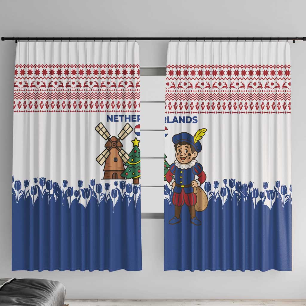 Netherlands Christmas Window Curtain with Christmas Tree Windmill Piet Character and Tulip Pattern - Wonder Print Shop