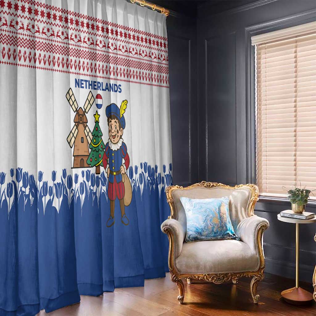 Netherlands Christmas Window Curtain with Christmas Tree Windmill Piet Character and Tulip Pattern - Wonder Print Shop