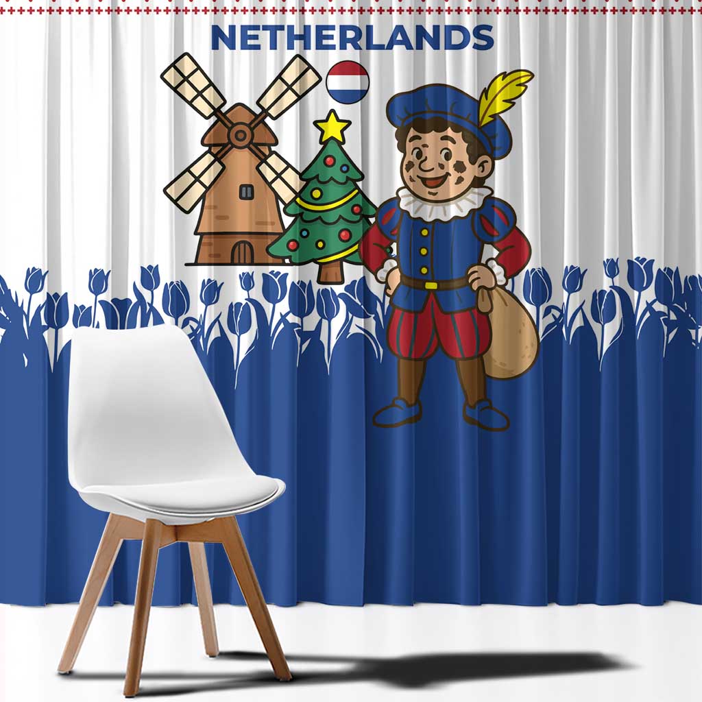 Netherlands Christmas Window Curtain with Christmas Tree Windmill Piet Character and Tulip Pattern - Wonder Print Shop