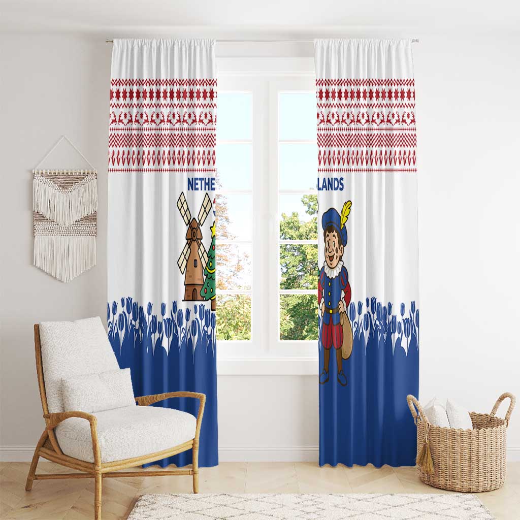 Netherlands Christmas Window Curtain with Christmas Tree Windmill Piet Character and Tulip Pattern - Wonder Print Shop