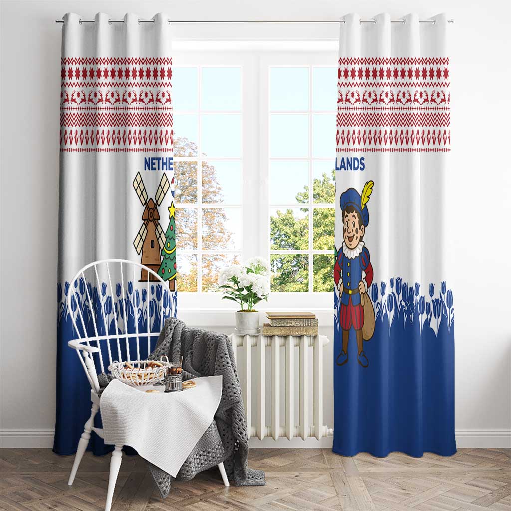 Netherlands Christmas Window Curtain with Christmas Tree Windmill Piet Character and Tulip Pattern - Wonder Print Shop