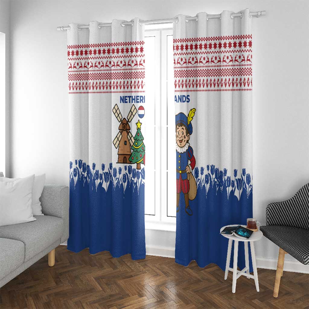 Netherlands Christmas Window Curtain with Christmas Tree Windmill Piet Character and Tulip Pattern - Wonder Print Shop