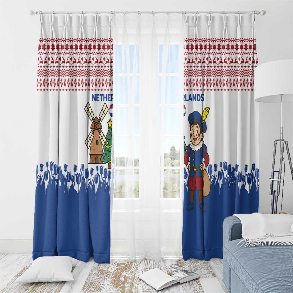 Netherlands Christmas Window Curtain with Christmas Tree Windmill Piet Character and Tulip Pattern - Wonder Print Shop