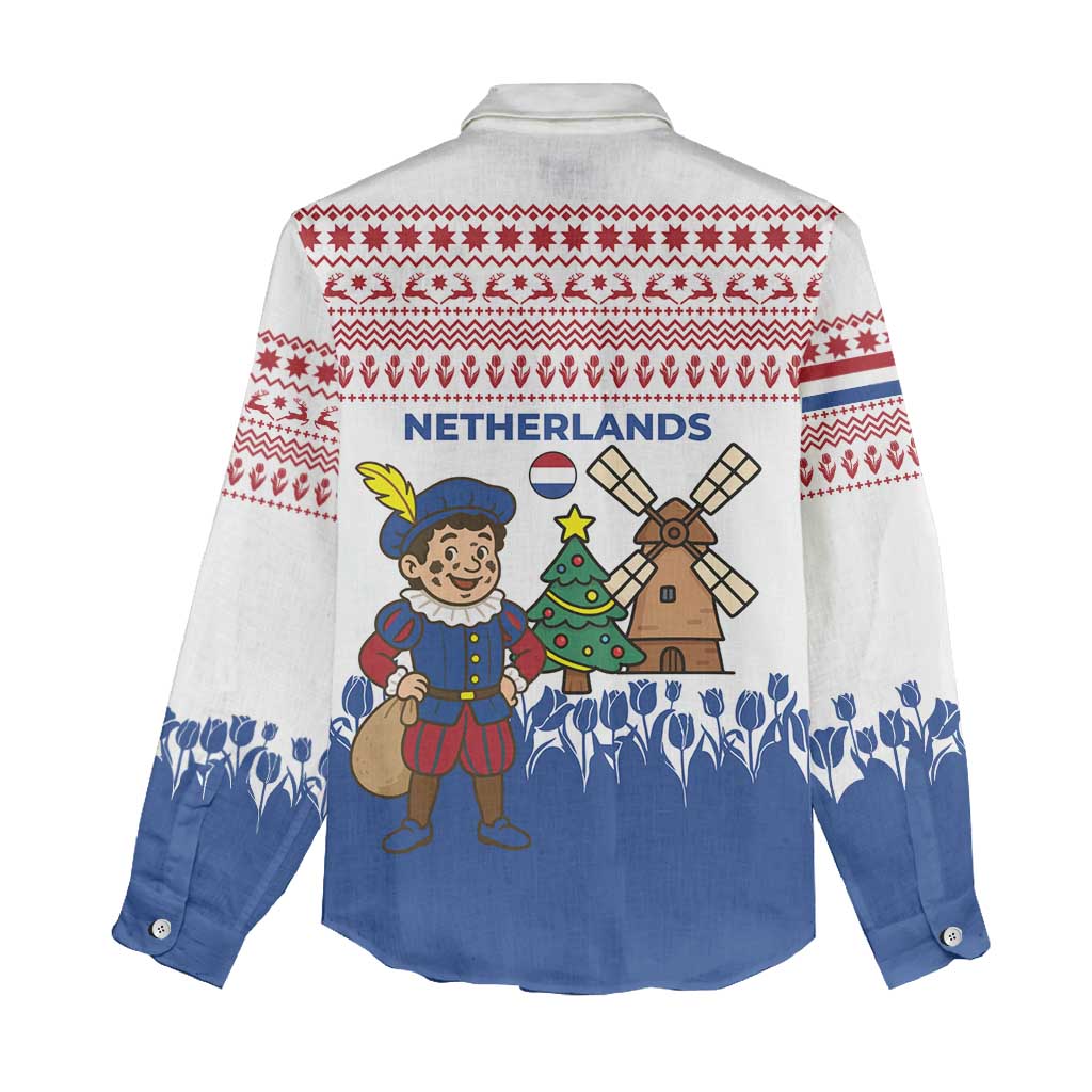 Netherlands Christmas Women Casual Shirt with Christmas Tree Windmill Piet Character and Tulip Pattern - Wonder Print Shop