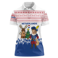 Netherlands Christmas Women Polo Shirt with Christmas Tree Windmill Piet Character and Tulip Pattern - Wonder Print Shop