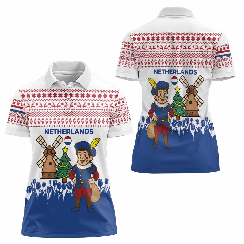 Netherlands Christmas Women Polo Shirt with Christmas Tree Windmill Piet Character and Tulip Pattern - Wonder Print Shop