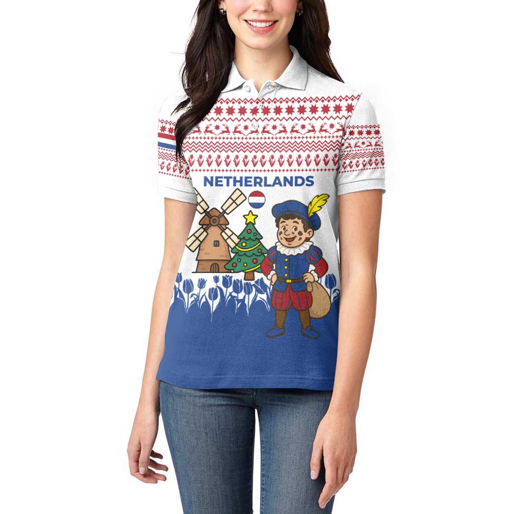 Netherlands Christmas Women Polo Shirt with Christmas Tree Windmill Piet Character and Tulip Pattern - Wonder Print Shop