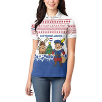 Netherlands Christmas Women Polo Shirt with Christmas Tree Windmill Piet Character and Tulip Pattern - Wonder Print Shop