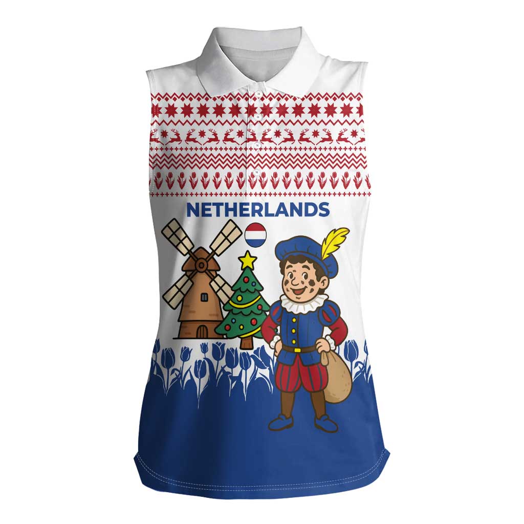 Netherlands Christmas Women Sleeveless Polo Shirt with Christmas Tree Windmill Piet Character and Tulip Pattern - Wonder Print Shop