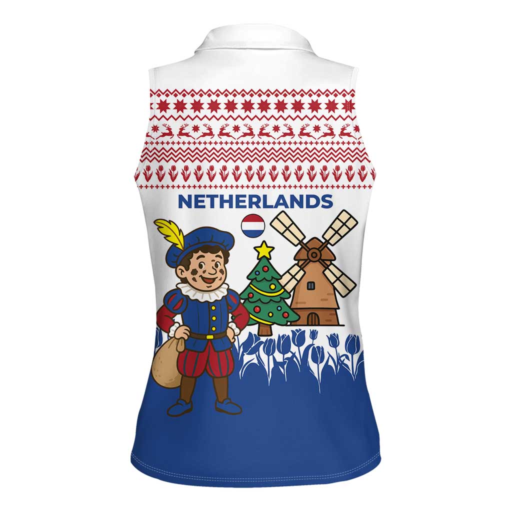 Netherlands Christmas Women Sleeveless Polo Shirt with Christmas Tree Windmill Piet Character and Tulip Pattern - Wonder Print Shop