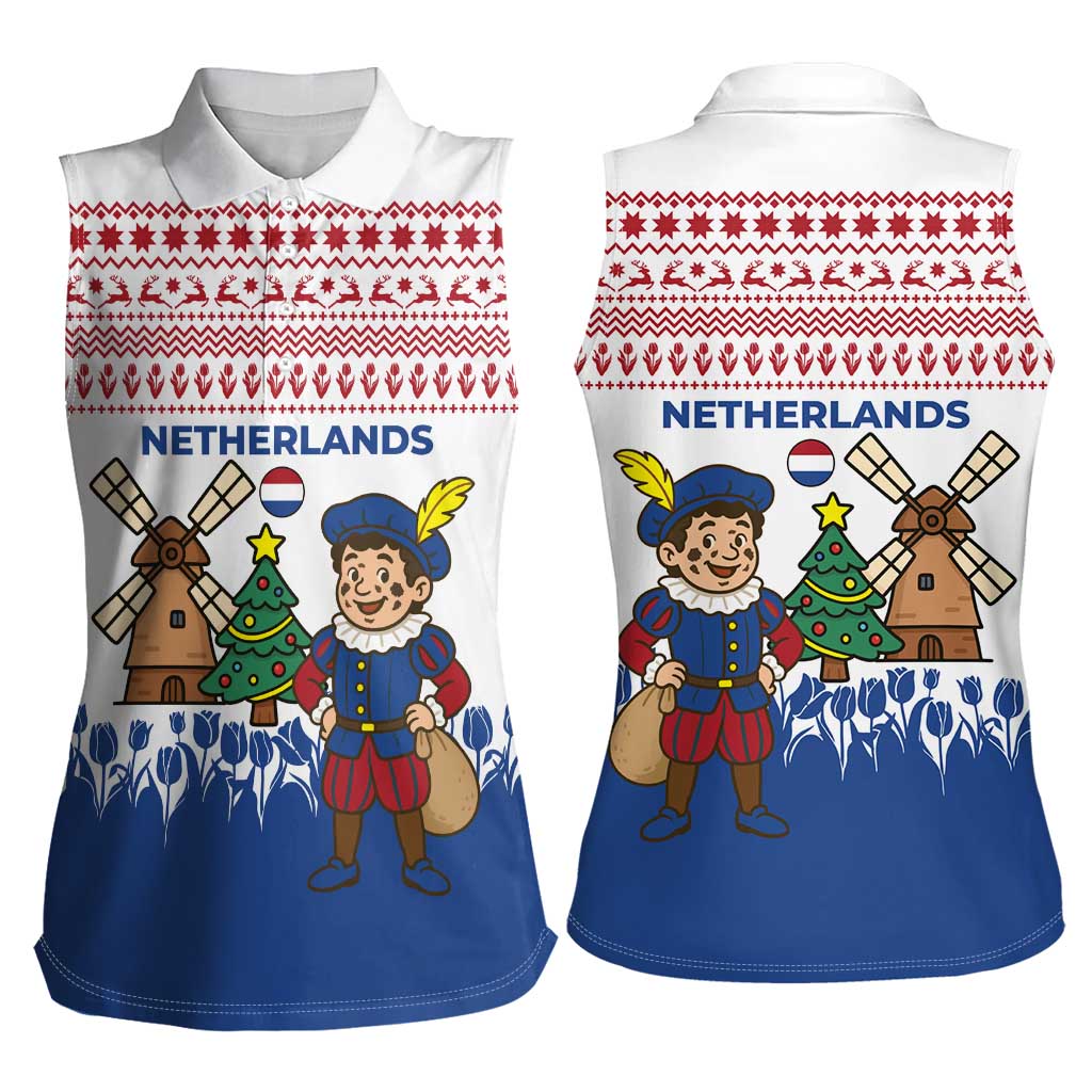 Netherlands Christmas Women Sleeveless Polo Shirt with Christmas Tree Windmill Piet Character and Tulip Pattern - Wonder Print Shop