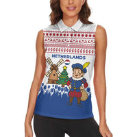 Netherlands Christmas Women Sleeveless Polo Shirt with Christmas Tree Windmill Piet Character and Tulip Pattern - Wonder Print Shop
