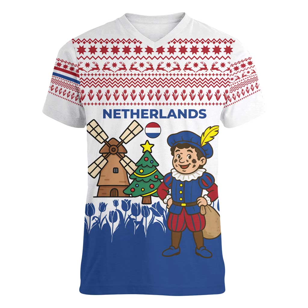 Netherlands Christmas Women V-Neck T-Shirt with Christmas Tree Windmill Piet Character and Tulip Pattern - Wonder Print Shop