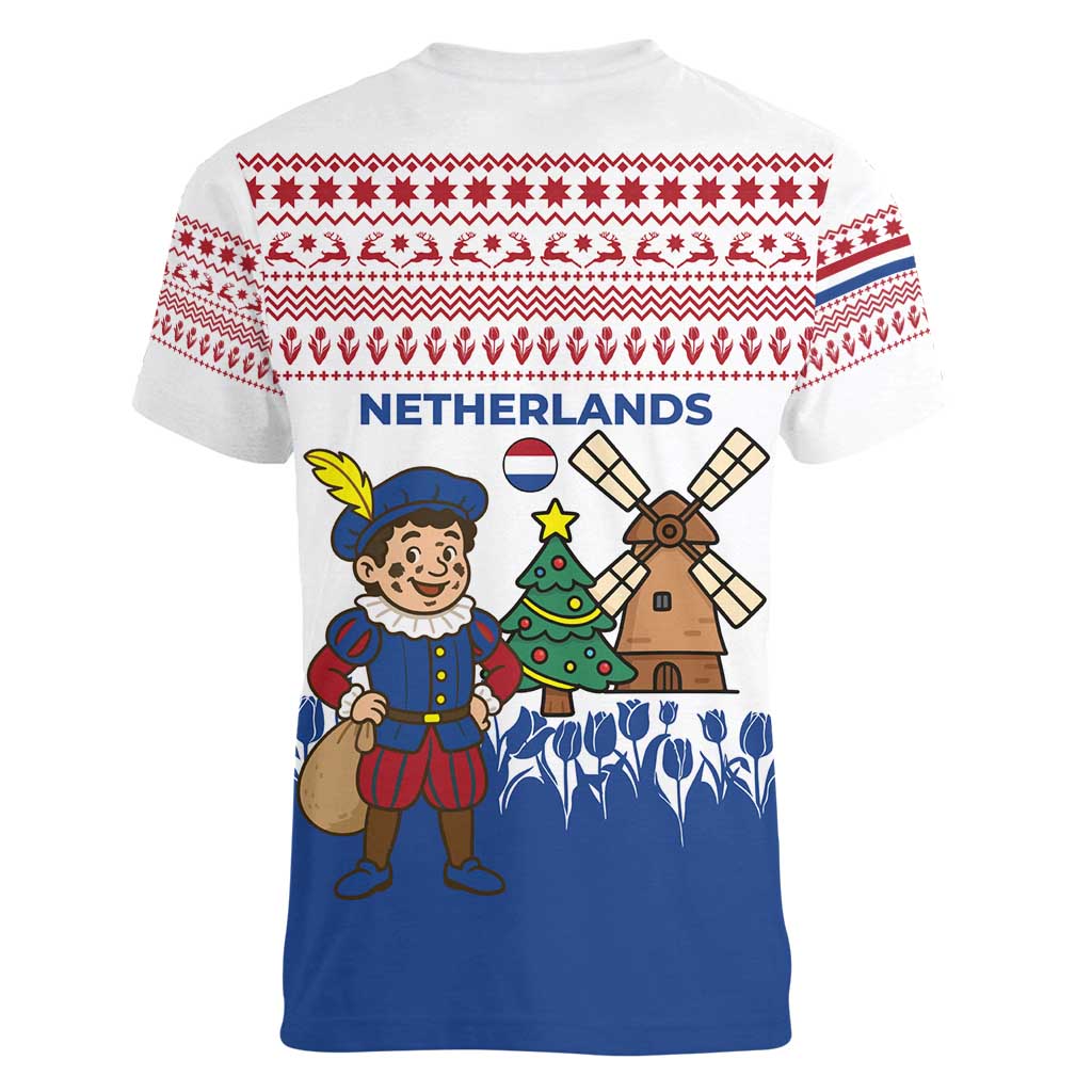Netherlands Christmas Women V-Neck T-Shirt with Christmas Tree Windmill Piet Character and Tulip Pattern - Wonder Print Shop