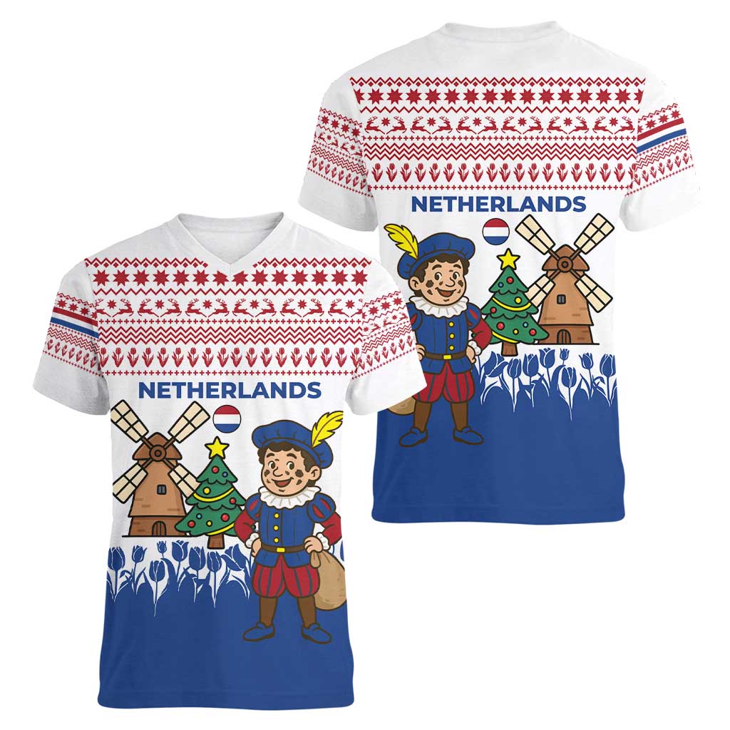 Netherlands Christmas Women V-Neck T-Shirt with Christmas Tree Windmill Piet Character and Tulip Pattern - Wonder Print Shop