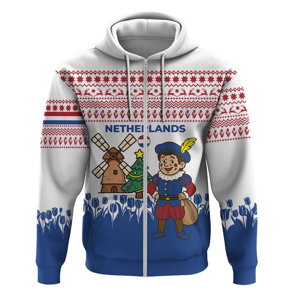 Netherlands Christmas Zip Hoodie with Christmas Tree Windmill Piet Character and Tulip Pattern - Wonder Print Shop
