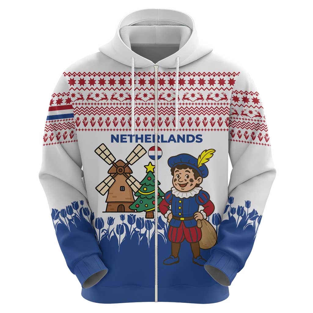 Netherlands Christmas Zip Hoodie with Christmas Tree Windmill Piet Character and Tulip Pattern - Wonder Print Shop