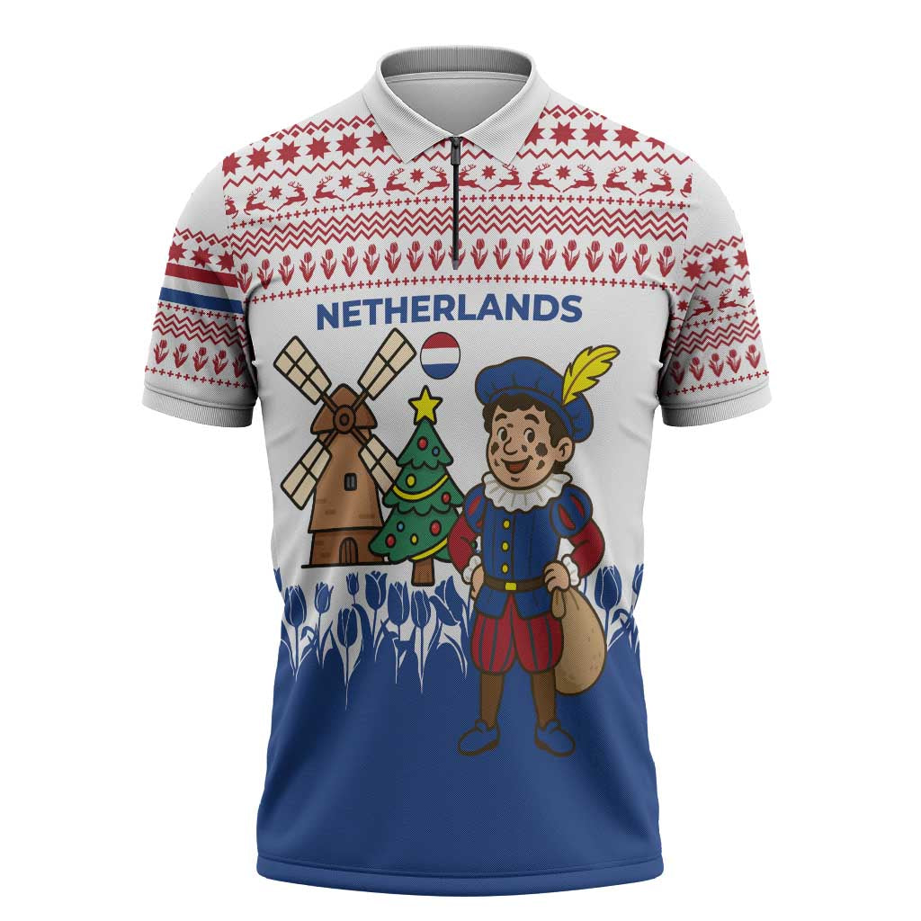 Netherlands Christmas Zipper Polo Shirt with Christmas Tree Windmill Piet Character and Tulip Pattern - Wonder Print Shop
