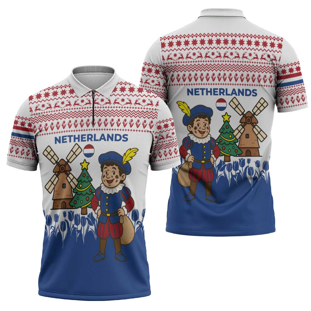 Netherlands Christmas Zipper Polo Shirt with Christmas Tree Windmill Piet Character and Tulip Pattern - Wonder Print Shop