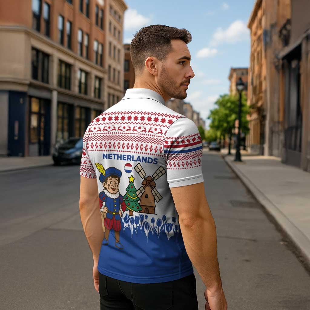 Netherlands Christmas Zipper Polo Shirt with Christmas Tree Windmill Piet Character and Tulip Pattern - Wonder Print Shop