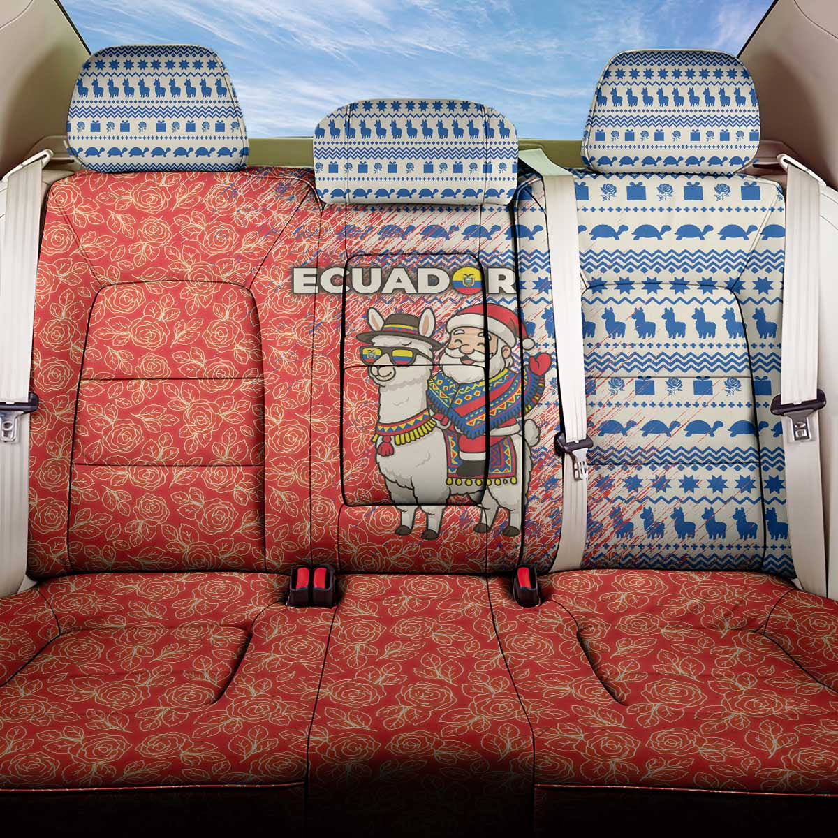 Ecuador Christmas Back Car Seat Cover with Santa Riding Llama Traditional Patterns and Rose Design - Wonder Print Shop