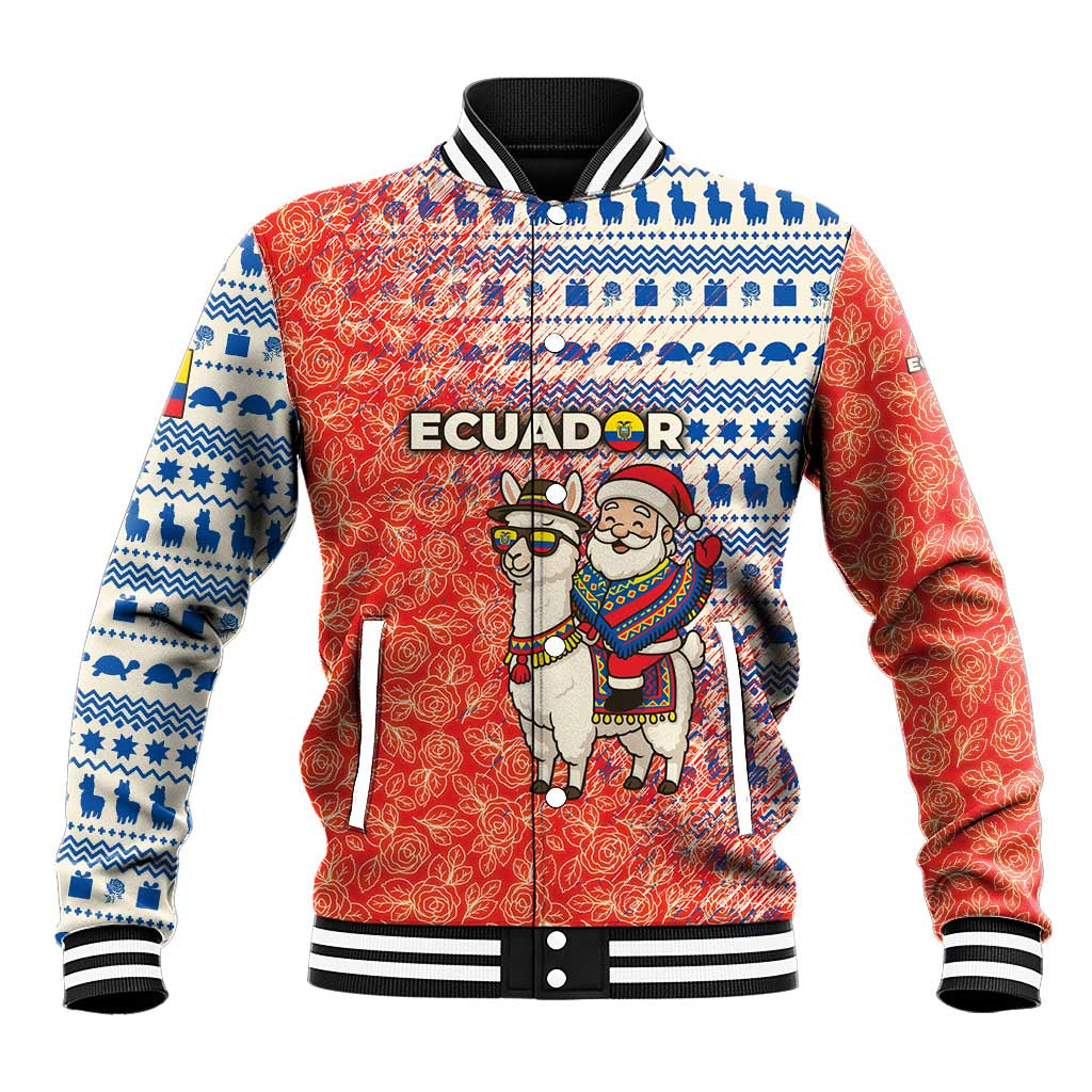 Ecuador Christmas Baseball Jacket with Santa Riding Llama Traditional Patterns and Rose Design - Wonder Print Shop