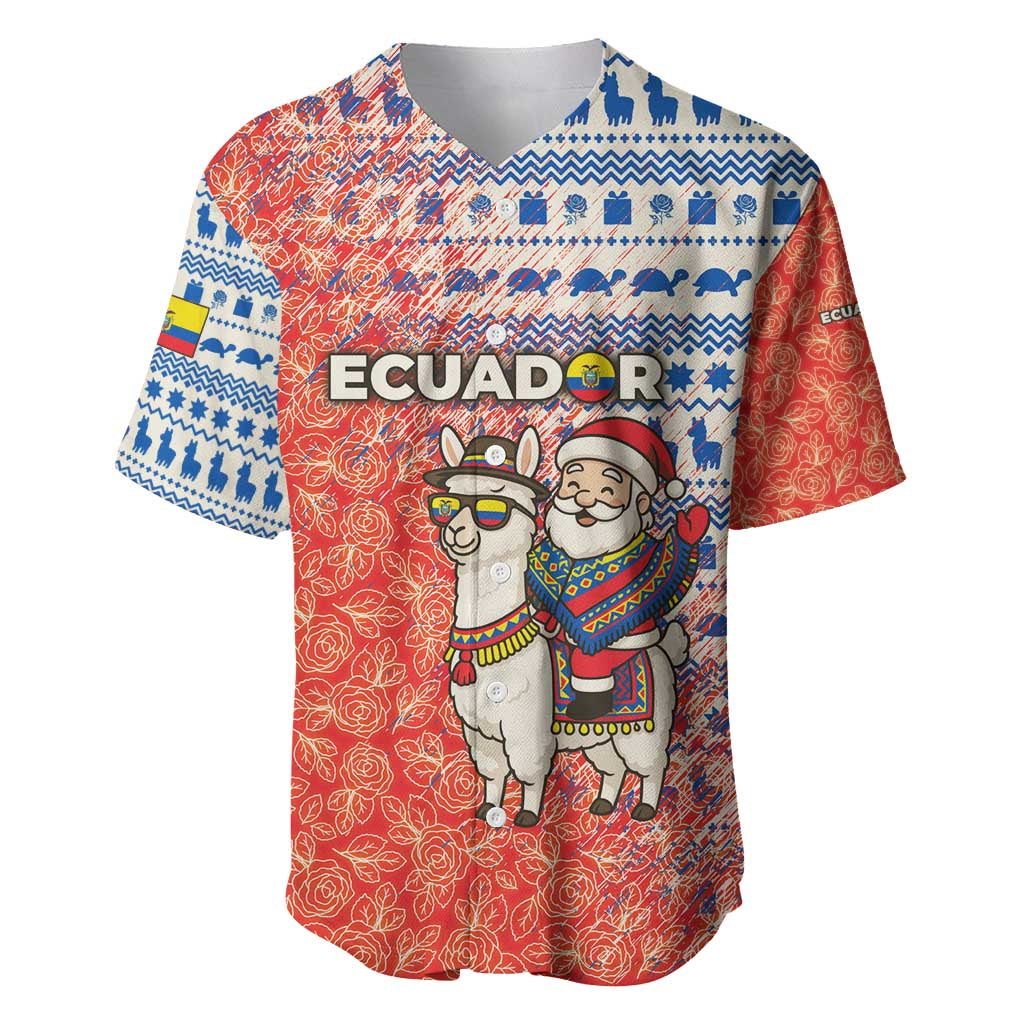 Ecuador Christmas Baseball Jersey with Santa Riding Llama Traditional Patterns and Rose Design - Wonder Print Shop