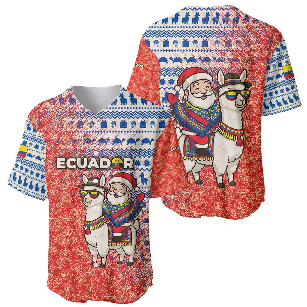 Ecuador Christmas Baseball Jersey with Santa Riding Llama Traditional Patterns and Rose Design - Wonder Print Shop