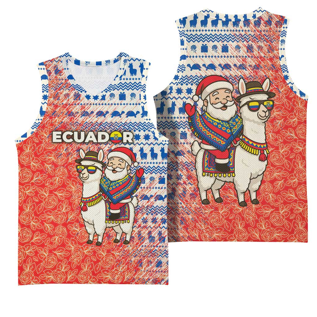 Ecuador Christmas Basketball Jersey with Santa Riding Llama Traditional Patterns and Rose Design - Wonder Print Shop